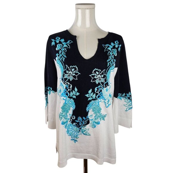 Chico's Sweater Top Tunic Medium Embroidered Pullover Kurta Blue White Floral - Picture 1 of 10